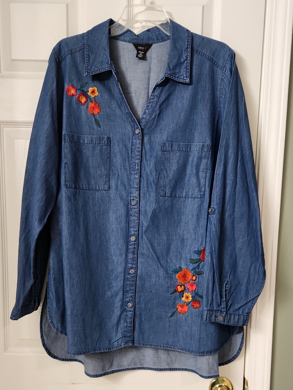 Blue Floral Embroidered Button Down Shirt